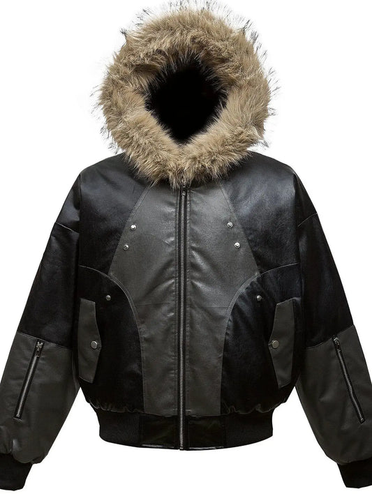 Men's Faux Fur Hooded Contrast Bomber Jacket by Partner Label