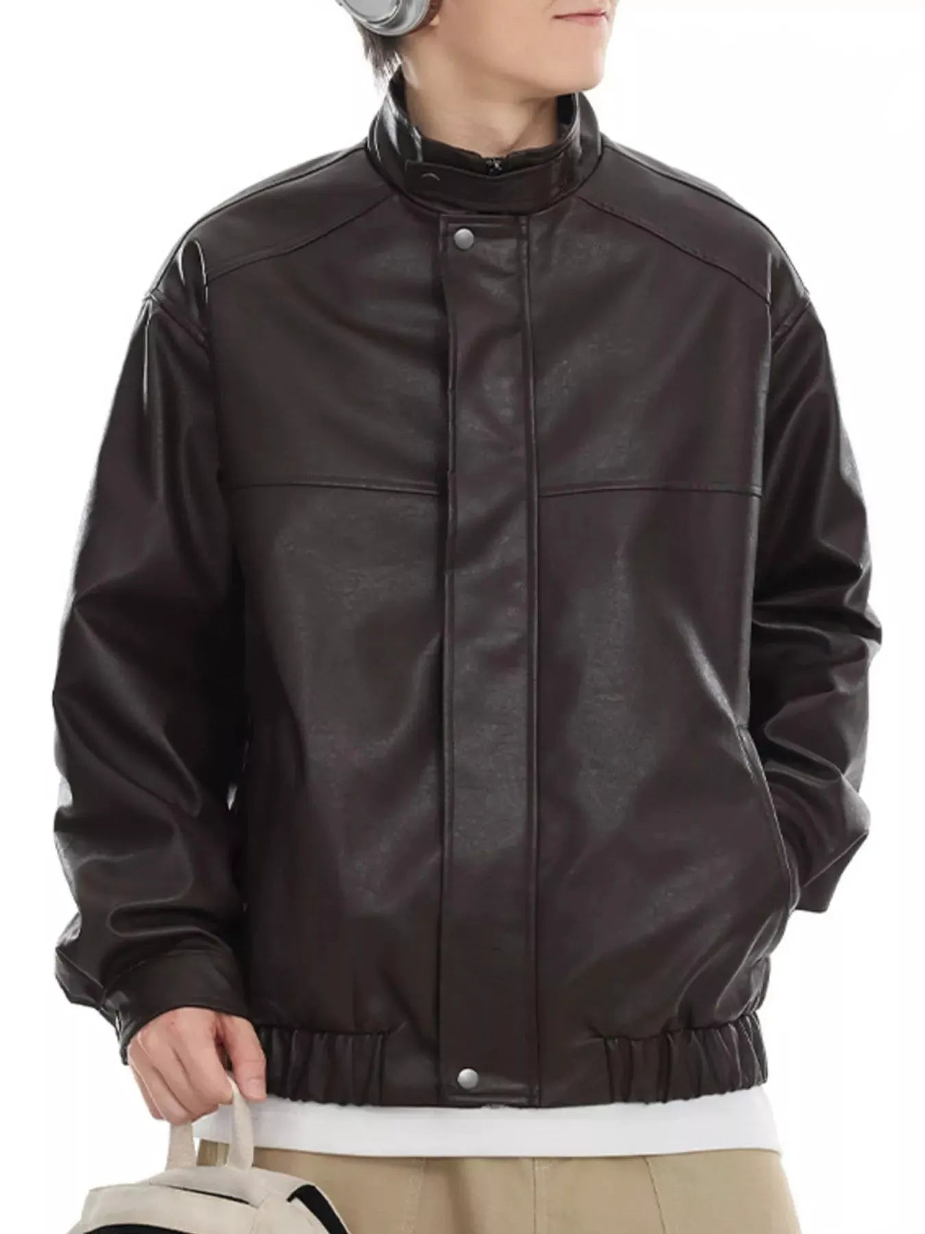 Men's Plus Size Zip Up Leather Bomber Jacket by Partner Label