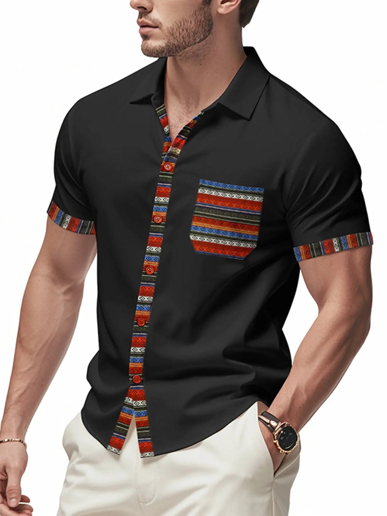 Men's Full Size Short Sleeve Shirt with Colorful Trim Plus Size by Trendsi