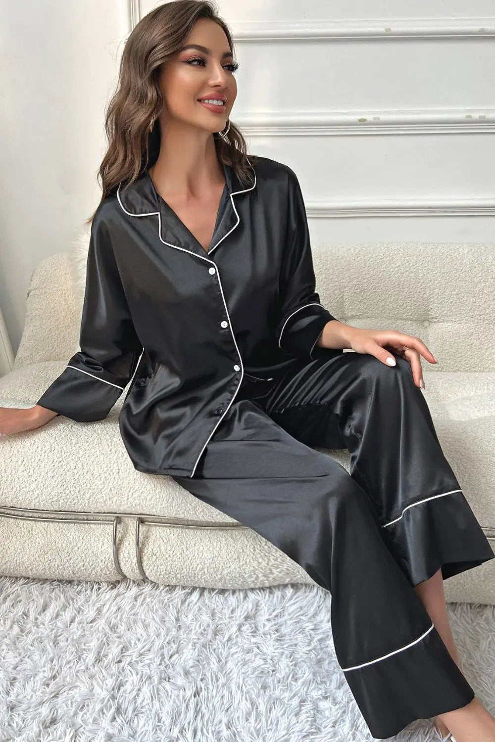 Contrast Piping Button-Up Top and Pants Pajama Set by Partner Label