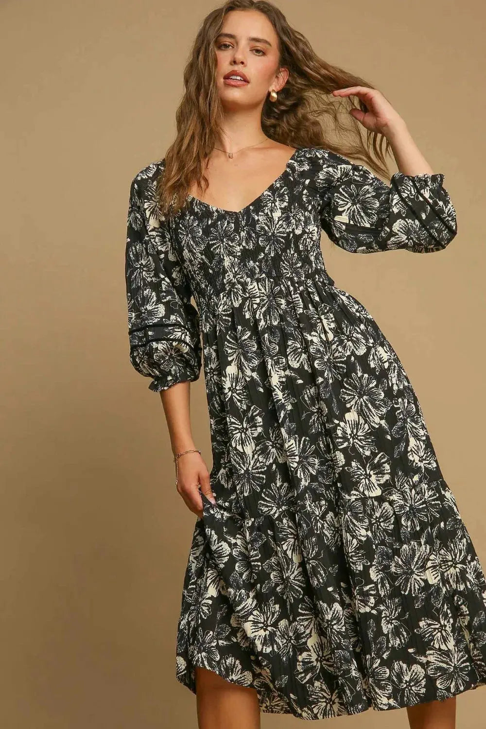 Umgee Ruffle Hem Flower Printed V-Neck Dress by Umgee