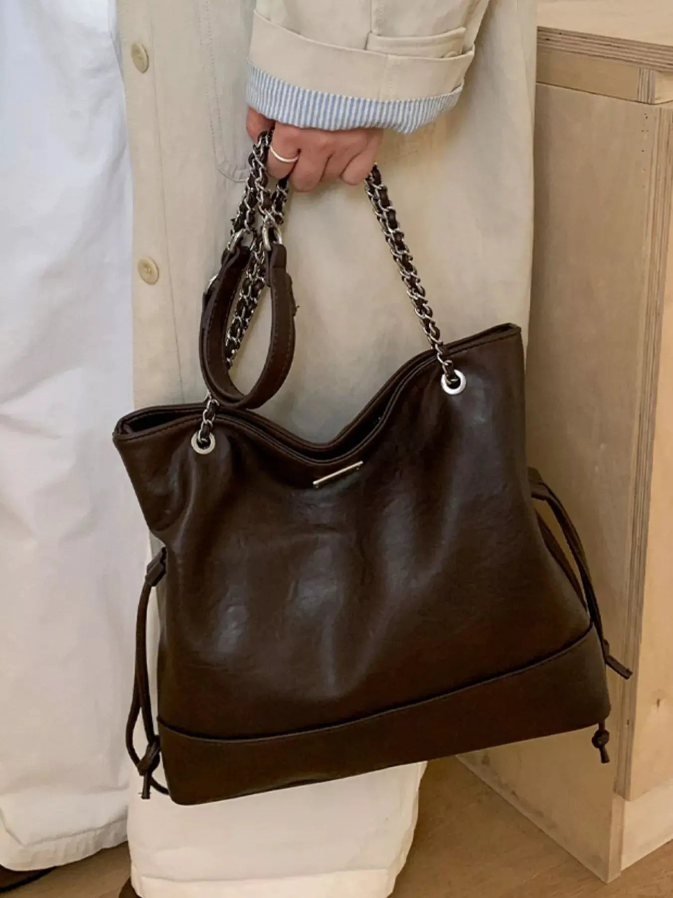 Chain Strap Faux Leather Tote Bag by Partner Label