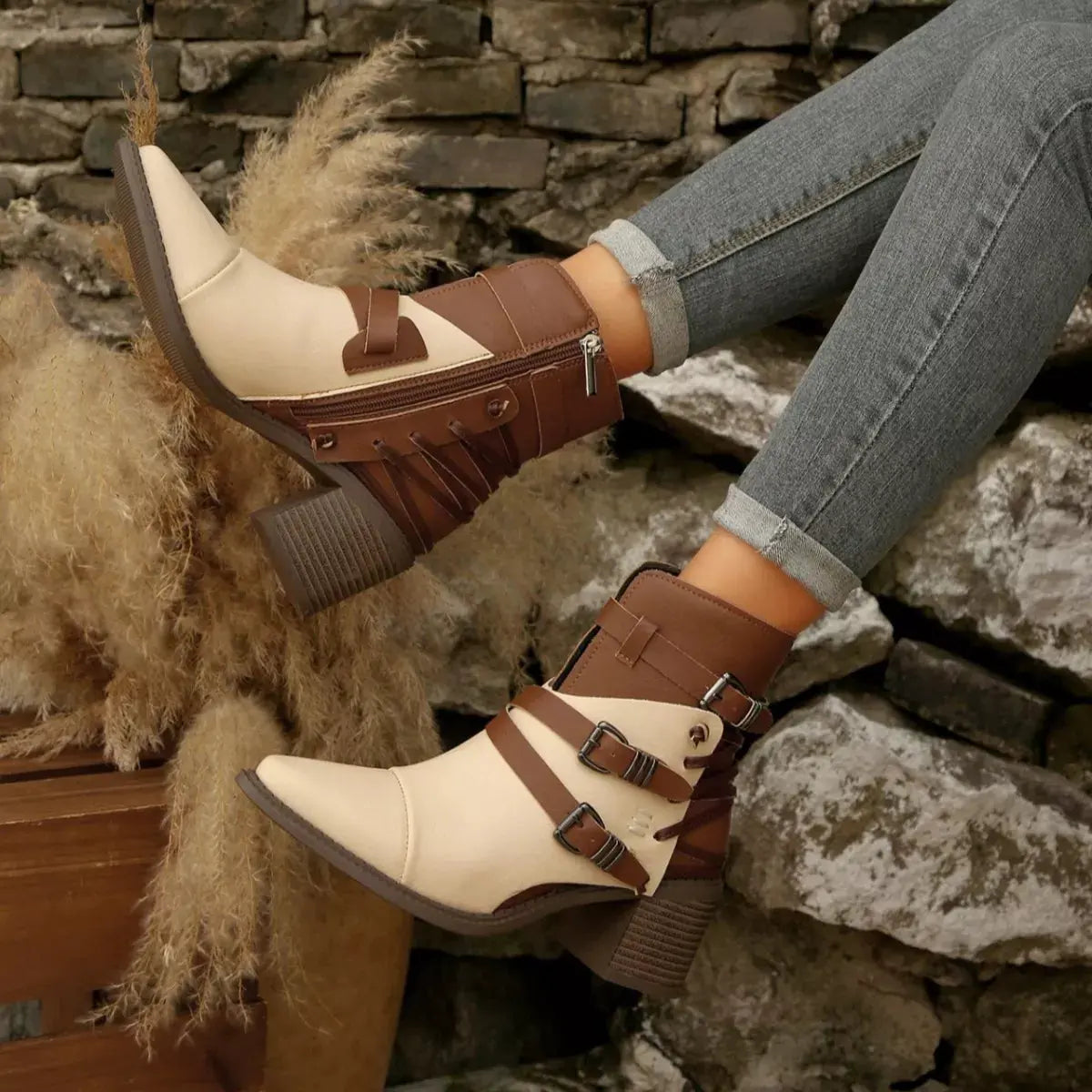 Point Toe Buckle Strap Ankle Boots with Block Heels by Partner Label