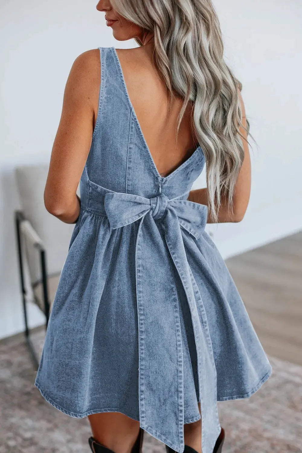 V-Back Bow Tie Denim Skater Dress by Partner Label