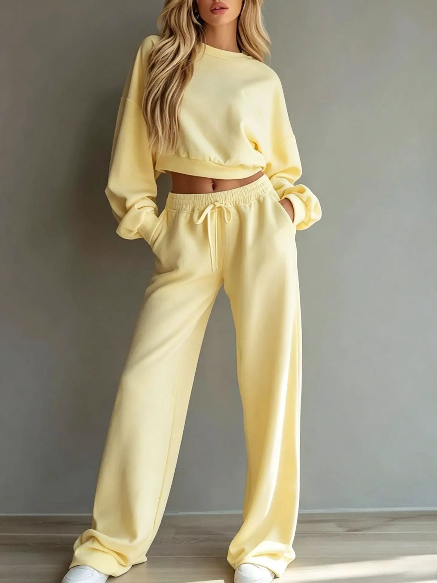 Womens Casual Short Hooded Sweatshirt And Wide-leg Pants Set by Maiden-Art