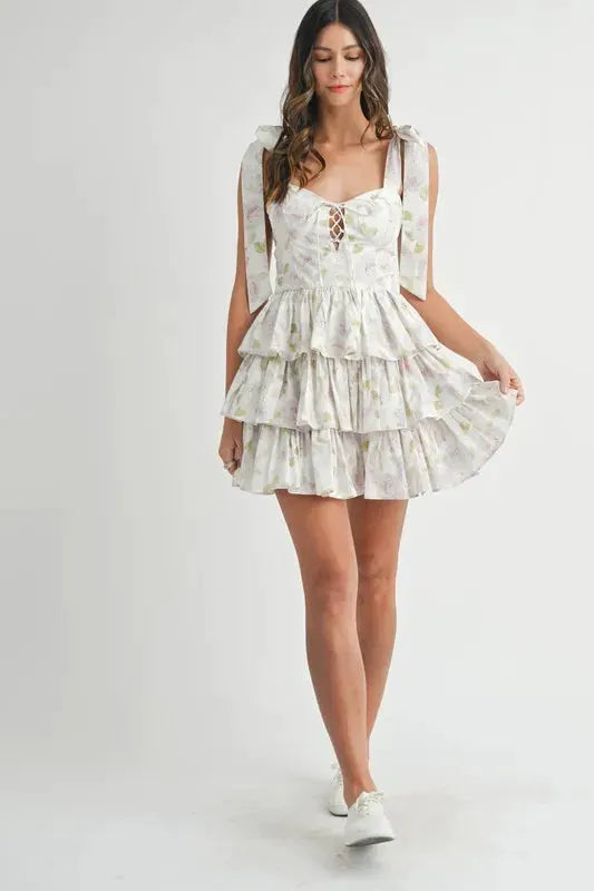 MABLE Floral Print Shoulder Tie Layered Mini Dress by MABLE
