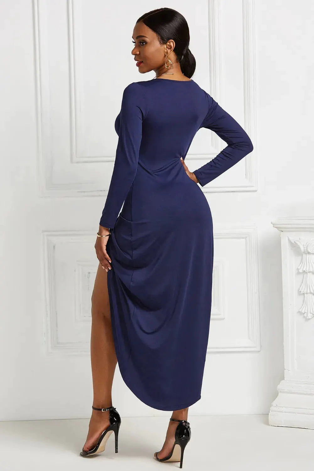 High-low Ruched Surplice Long Sleeve Dress by Partner Label