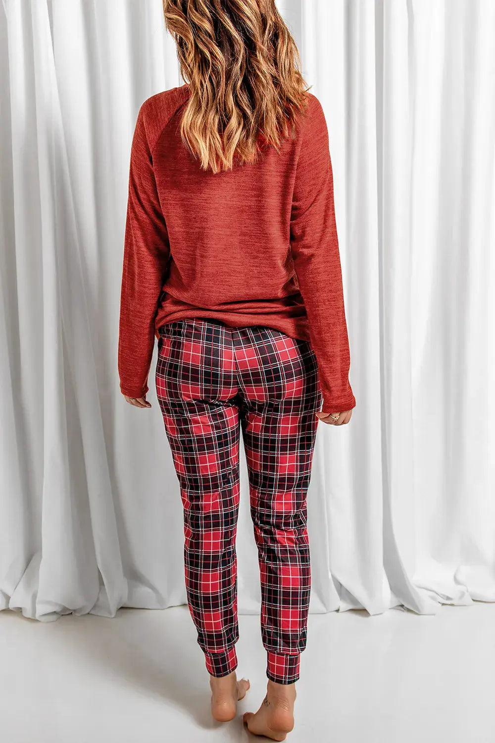 Round Neck Top and Drawstring Plaid Pants Lounge Set by Partner Label