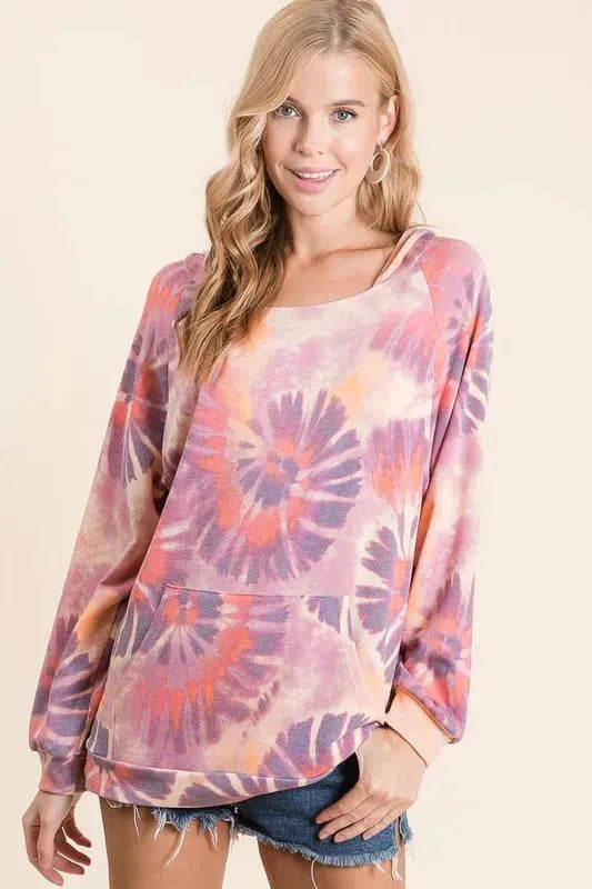 BiBi Circular Tie Dye Print Terry Hoodie with Kangaroo by BiBi