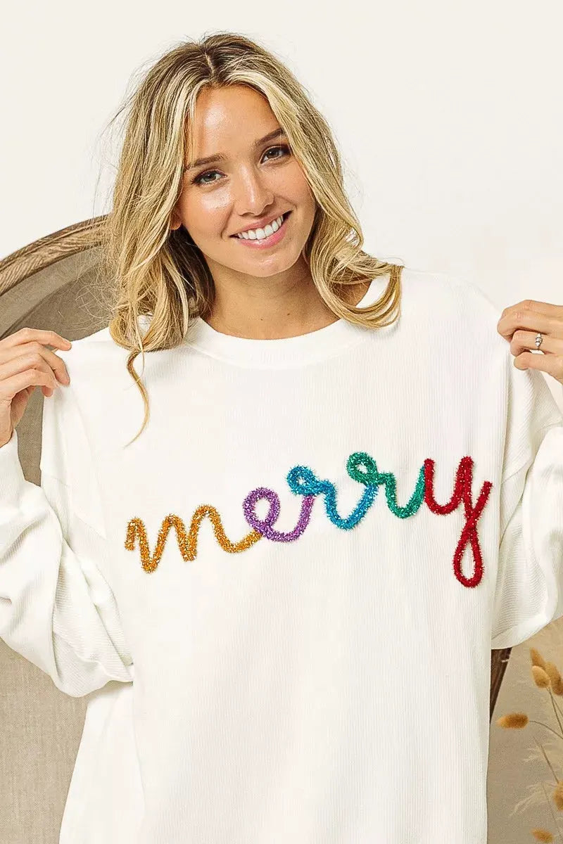 BiBi Merry Tinsel Lettering Drop Shoulder Sweatshirt by BiBi