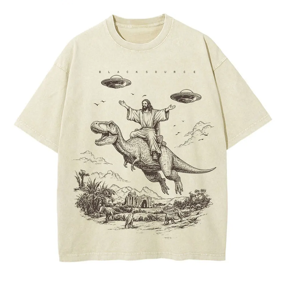 Vintage Cartoon Dinosaur Graphic T-Shirt Washed Oversized Streetwear Tee-0