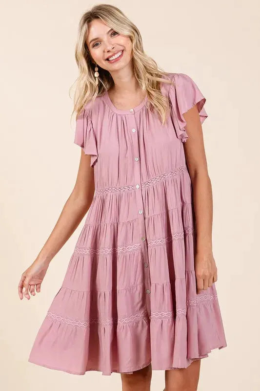 Mittoshop Lace Detail Ruffled Button Down Tiered Dress by Mittoshop