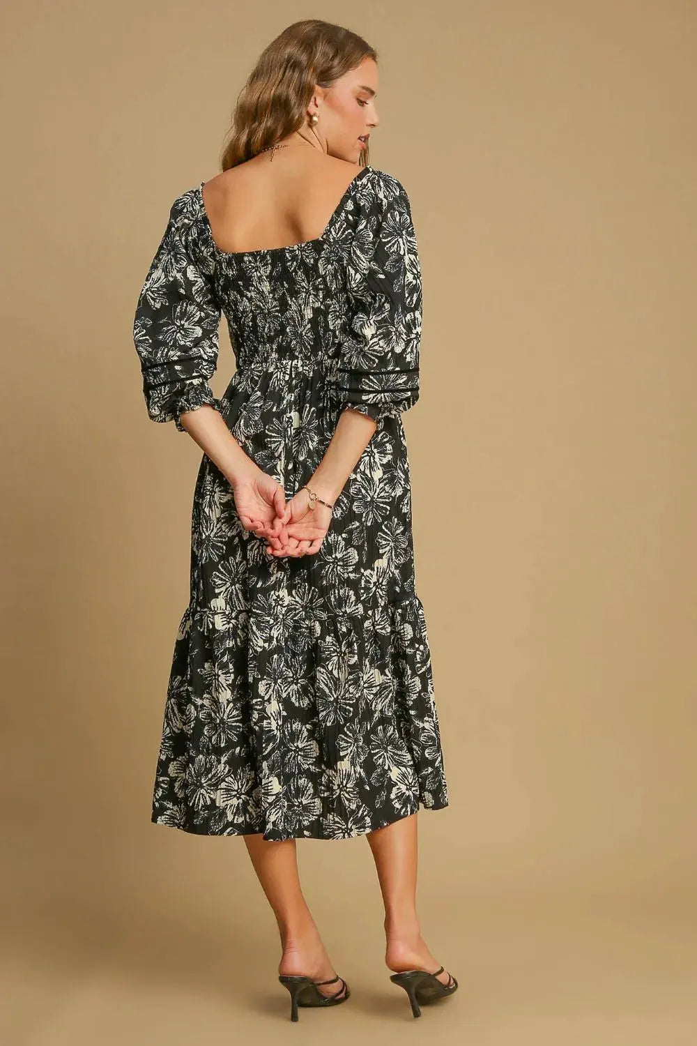 Umgee Ruffle Hem Flower Printed V-Neck Dress by Umgee