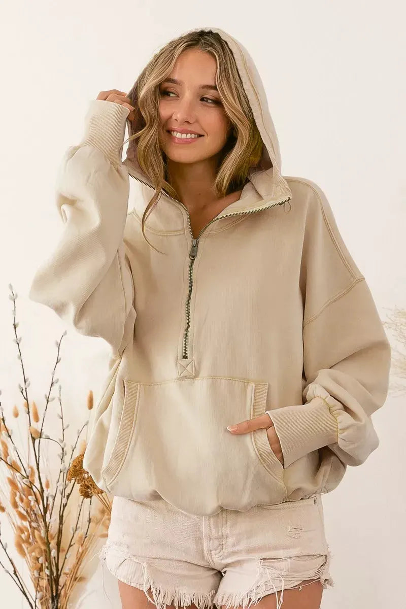 BiBi Stitch Detailed Elastic Hem Half Zip Fleece Hoodie by BiBi