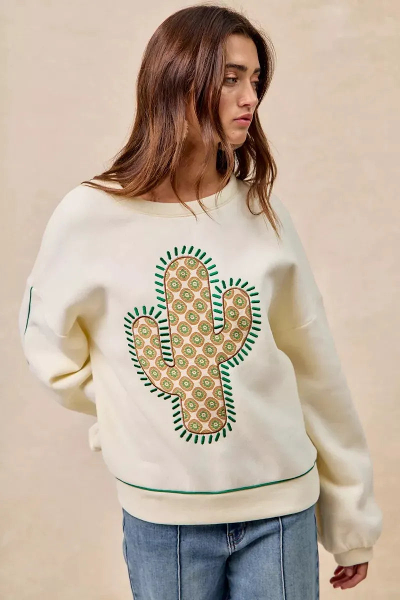 BiBi Cactus Embroidered Fleece Sweatshirt by BiBi