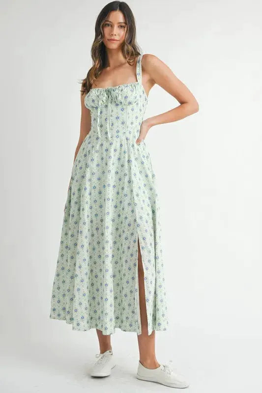 MABLE Floral Print Bustier Back Lace Up Midi Dress by MABLE