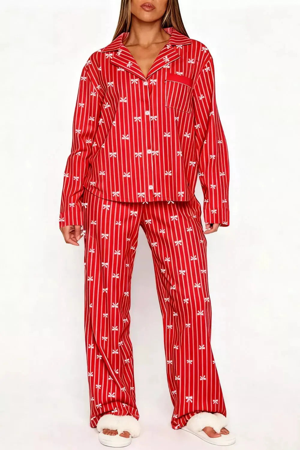 Bow Print Top and Wide Leg Pants Lounge Set by Partner Label