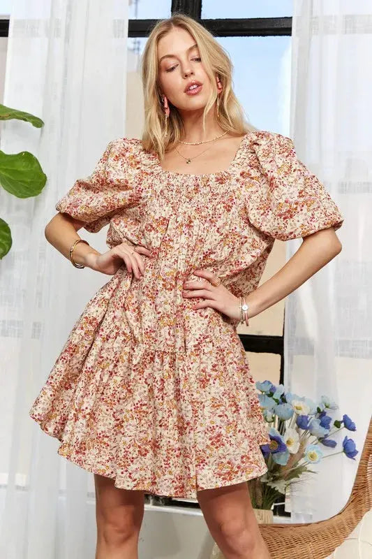 ADORA Floral Square Neck Puff Sleeve Dress by ADORA