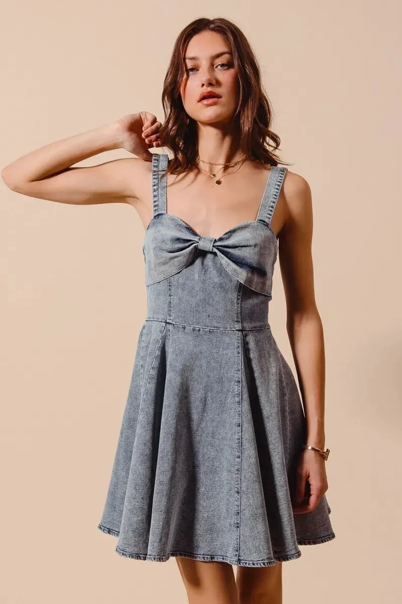 SO ME Mineral Washed Bow Ribbon Denim Flare Dress by Partner Label