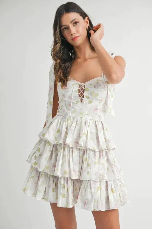 MABLE Floral Print Shoulder Tie Layered Mini Dress by MABLE