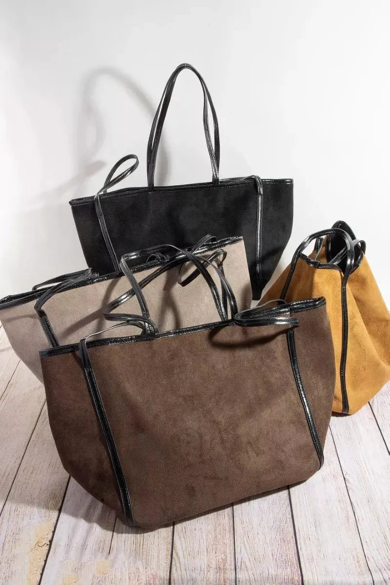 Fame Suede Tote Faux Leather Trim Shoulder Strap by Fame