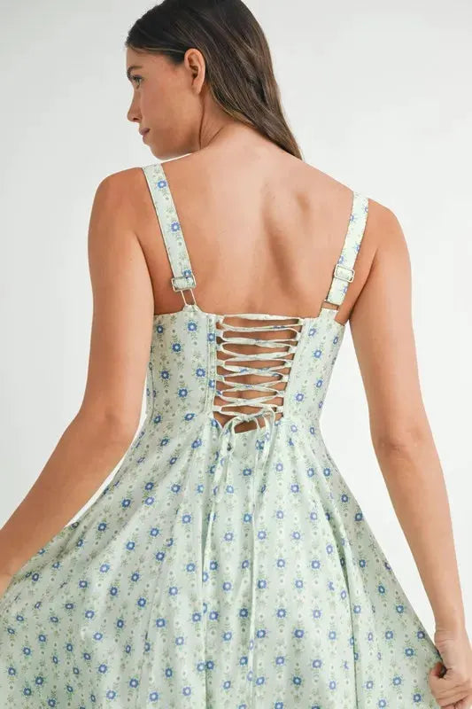 MABLE Floral Print Bustier Back Lace Up Midi Dress by MABLE