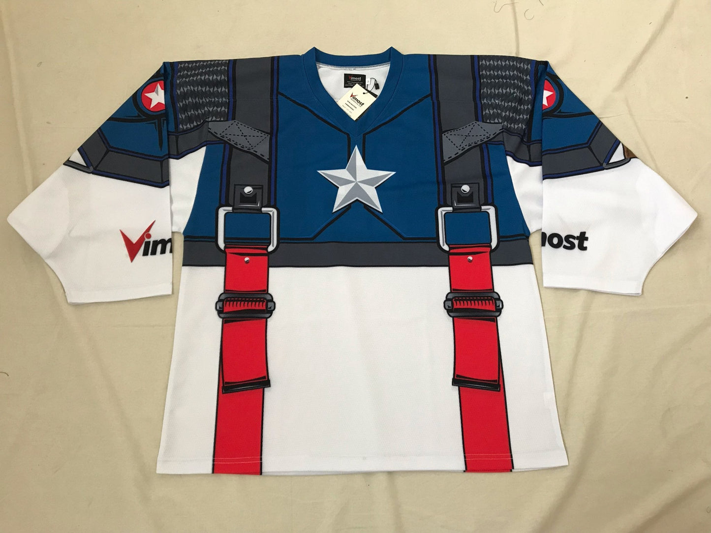 Custom Red White Blue Shield Ice Hockey Jersey-2