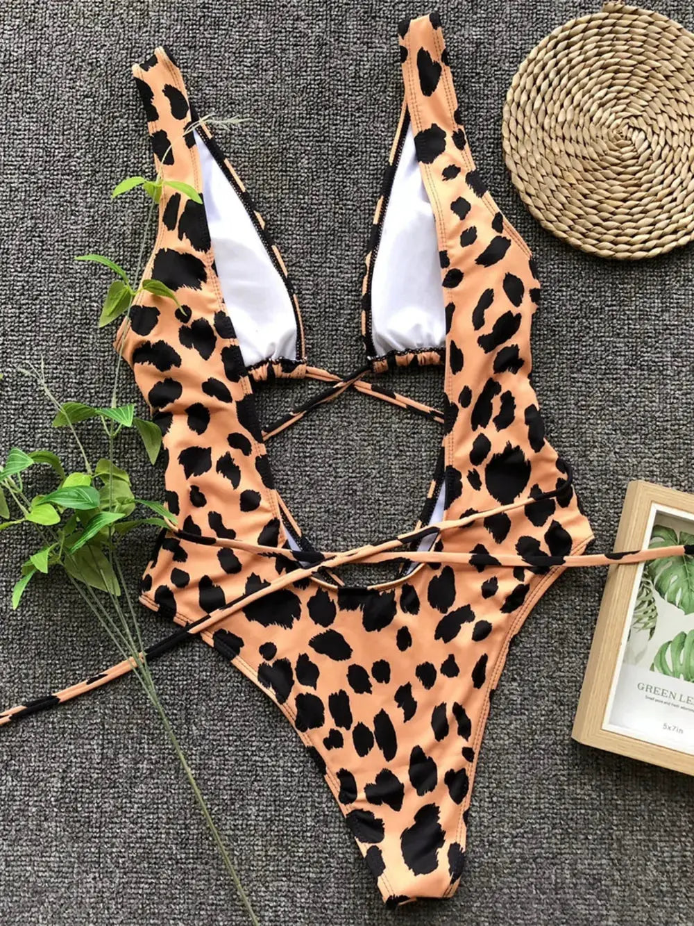 Lace-Up Backless Plunge One-Piece Swimwear by Partner Label