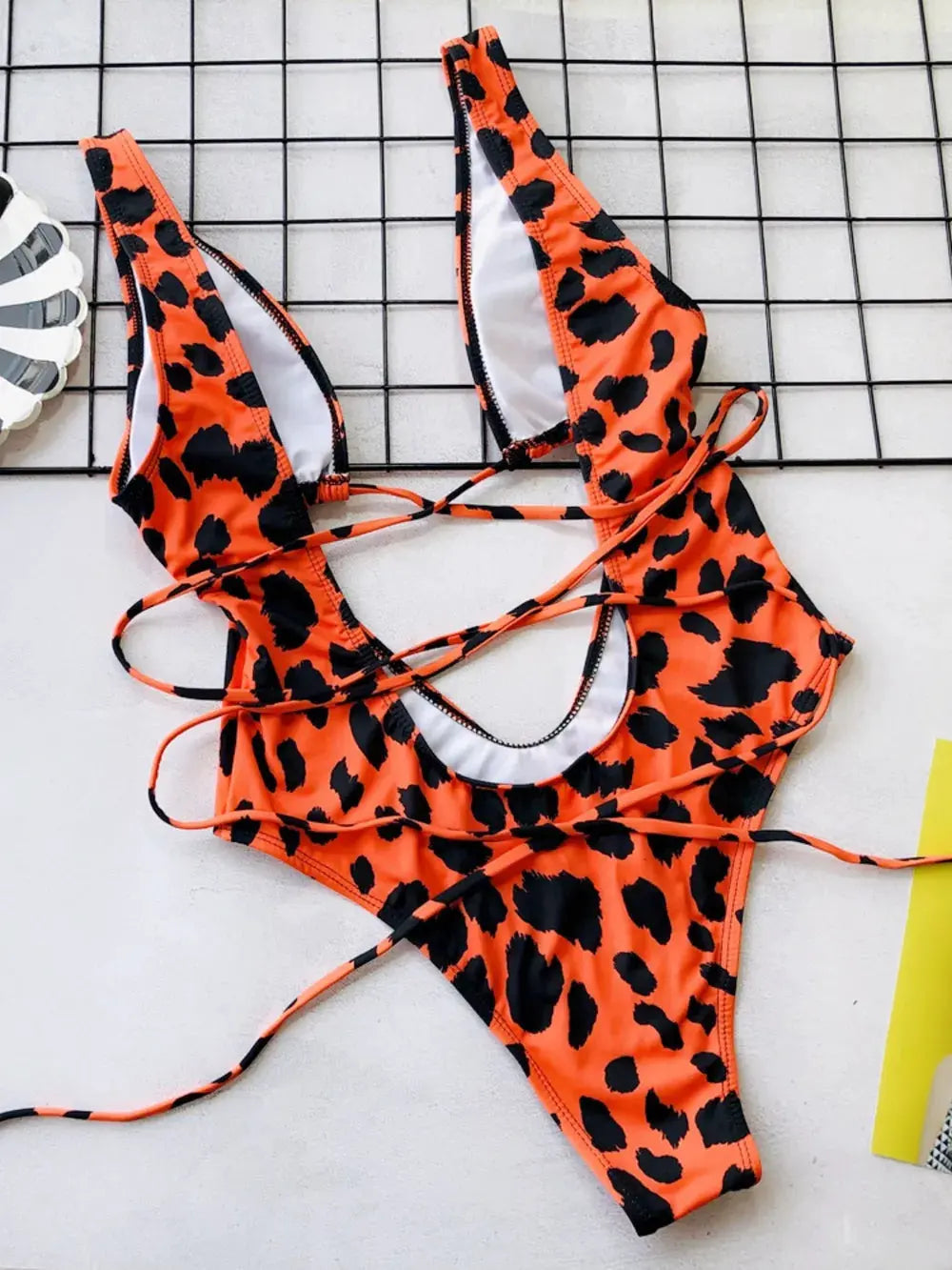 Lace-Up Backless Plunge One-Piece Swimwear by Partner Label