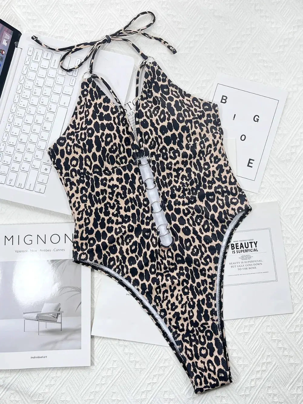 Leopard Cutout Halter Neck One-Piece Swimwear by Partner Label