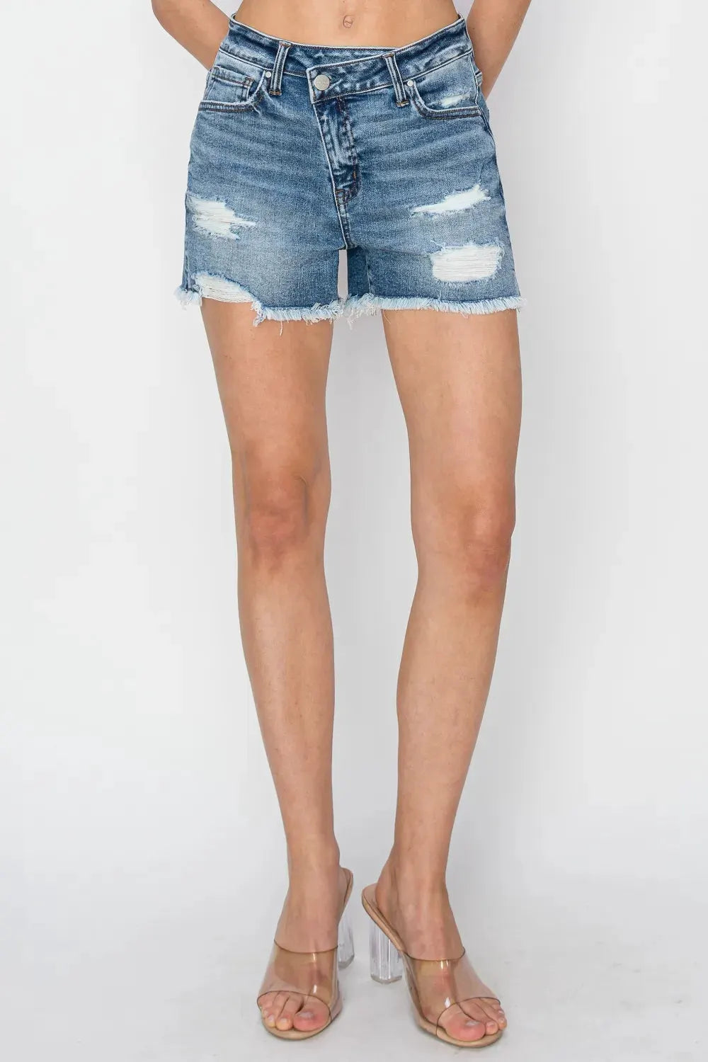RISEN Stepped Waist Frayed Denim Shorts by RISEN