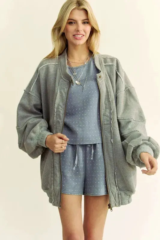 Davi & Dani Exposed Seam Zip Up Dropped Shoulder Jacket by Davi & Dani