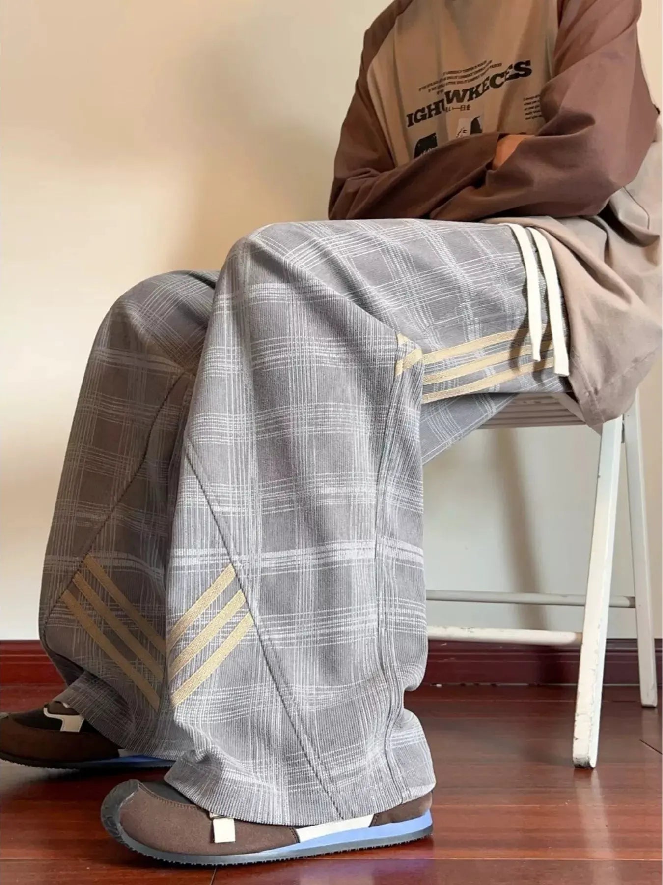 Men's Plaid Wide-Leg Pants with Side Stripes by Trendsi