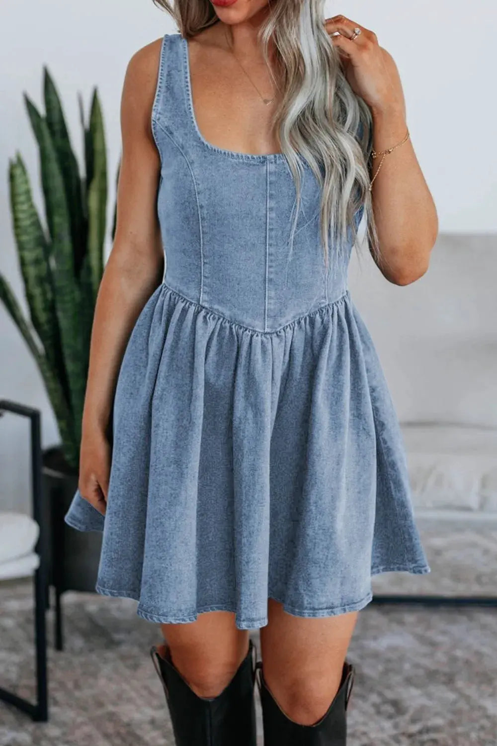 V-Back Bow Tie Denim Skater Dress by Partner Label