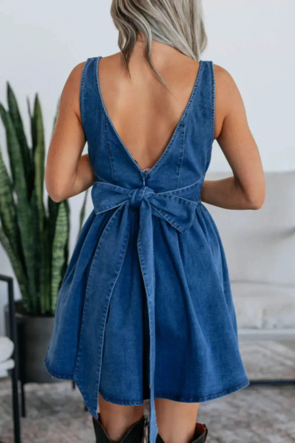 V-Back Bow Tie Denim Skater Dress by Partner Label