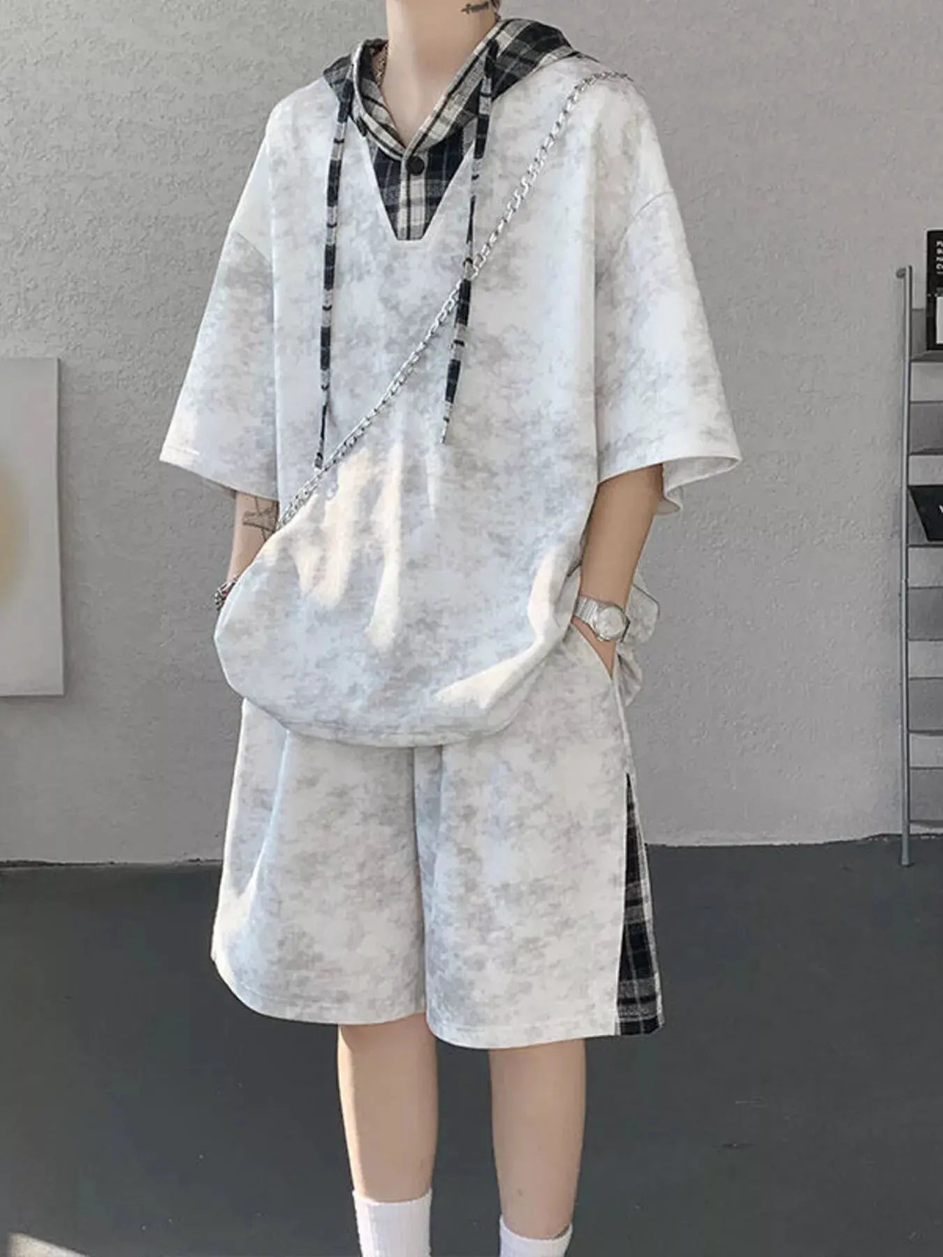 Men's Plus Size Tie-Dye Plaid Patchwork Hoodie and Shorts Set by Trendsi