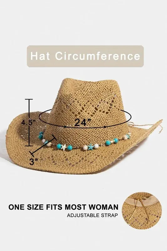 Fame Turquoise and Shell Star Beads Strap Western Straw Hat by Fame