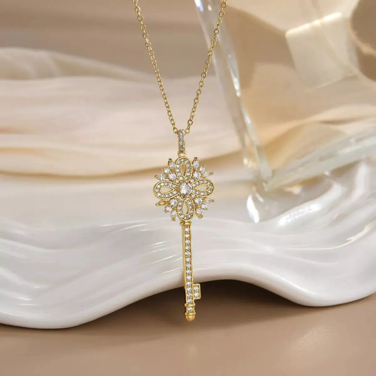 18K Gold-Plated Zircon Key Pendant Necklace by Partner Label