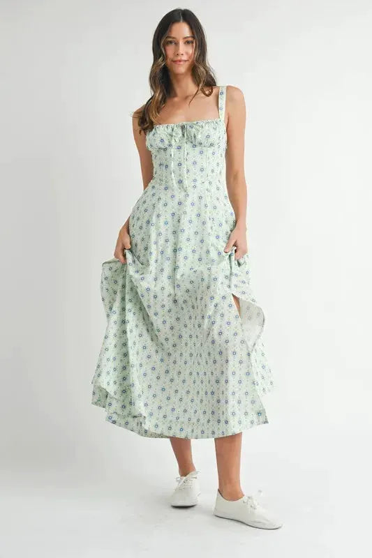 MABLE Floral Print Bustier Back Lace Up Midi Dress by MABLE