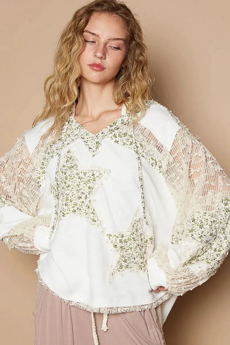 POL Star Patch Lace Contrast Long Sleeve Hooded Top by POL