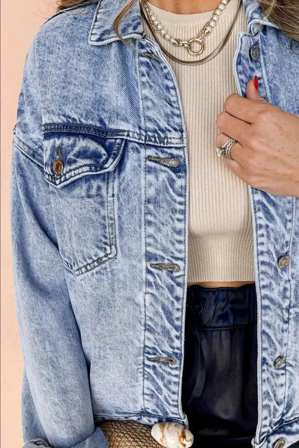 Pocketed Button Up Dropped Shoulder Denim Jacket by Partner Label