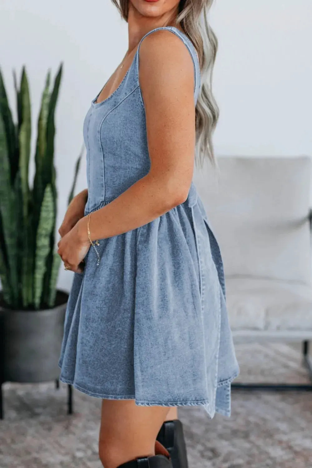 V-Back Bow Tie Denim Skater Dress by Partner Label