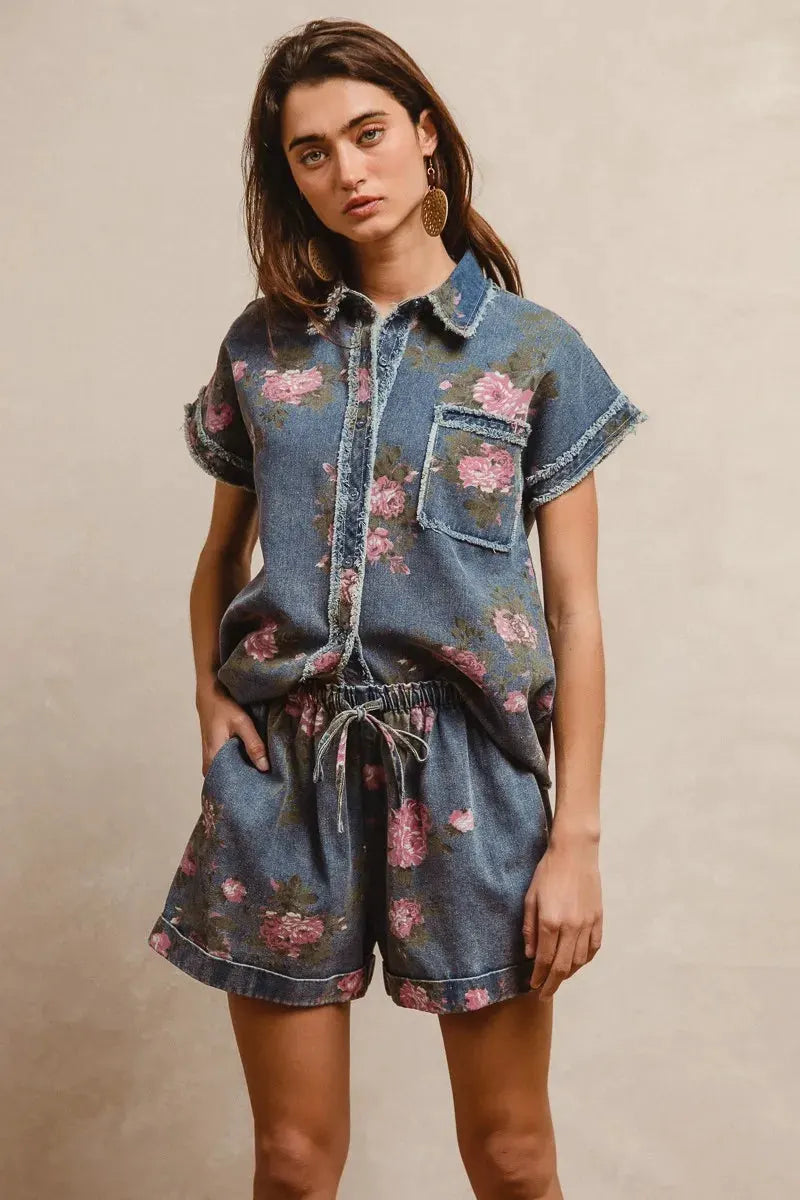 BiBi Floral Printed Denim Short Pants With Pocket by BiBi