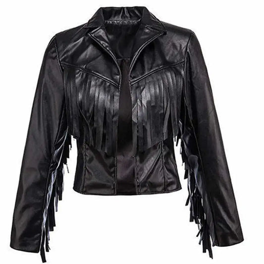 Women's Black Fringe Leather Bomber Jacket-0