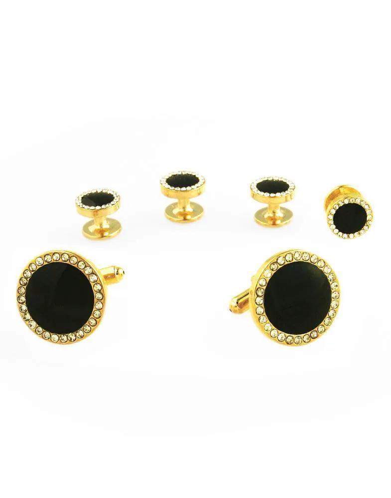 Black Circular Enamel with CZ Border Gold Edge Studs and Cufflinks Set by Tux-USA