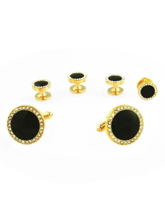 Black Circular Enamel with CZ Border Gold Edge Studs and Cufflinks Set by Tux-USA