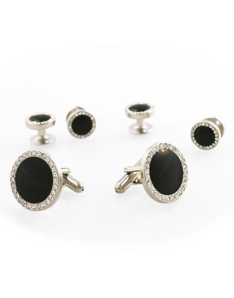 Black Circular Enamel with CZ Border Silver Edge Studs and Cufflinks Set by Tux-USA
