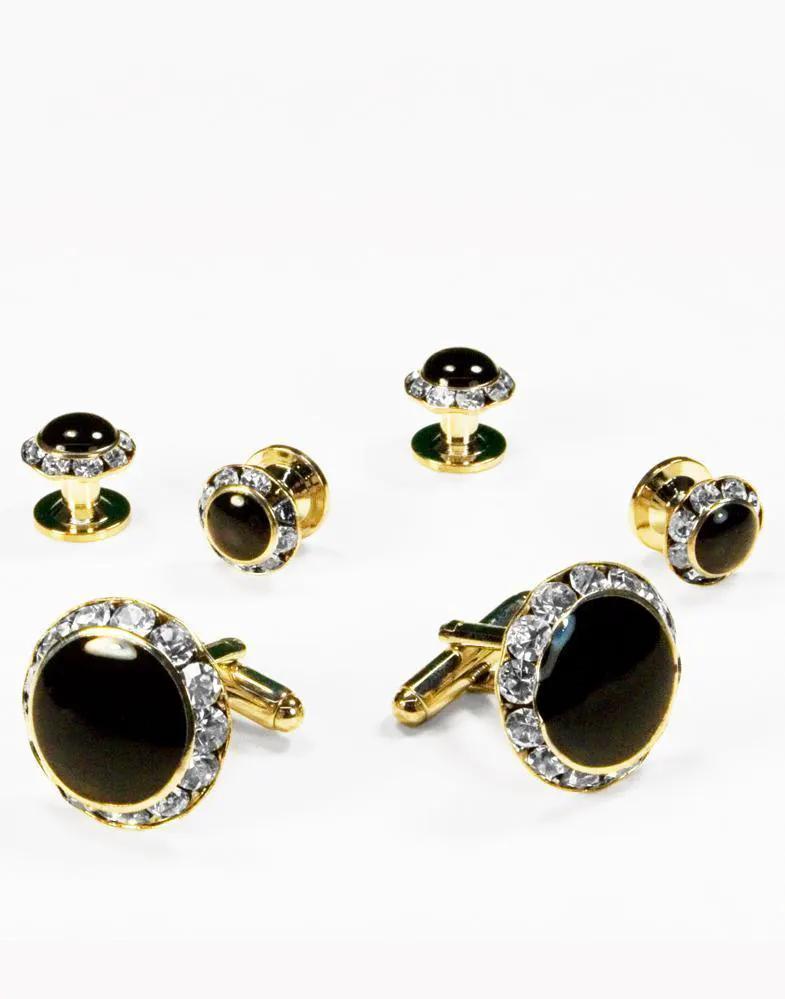 Black Circular Enamel with Rhinestones Gold or Silver Edge Studs and Cufflinks Set by Tux-USA