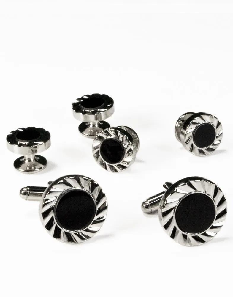 Black Circular Onyx with Gold or Silver Fan Cut Edge Studs and Cufflinks Set by Tux-USA