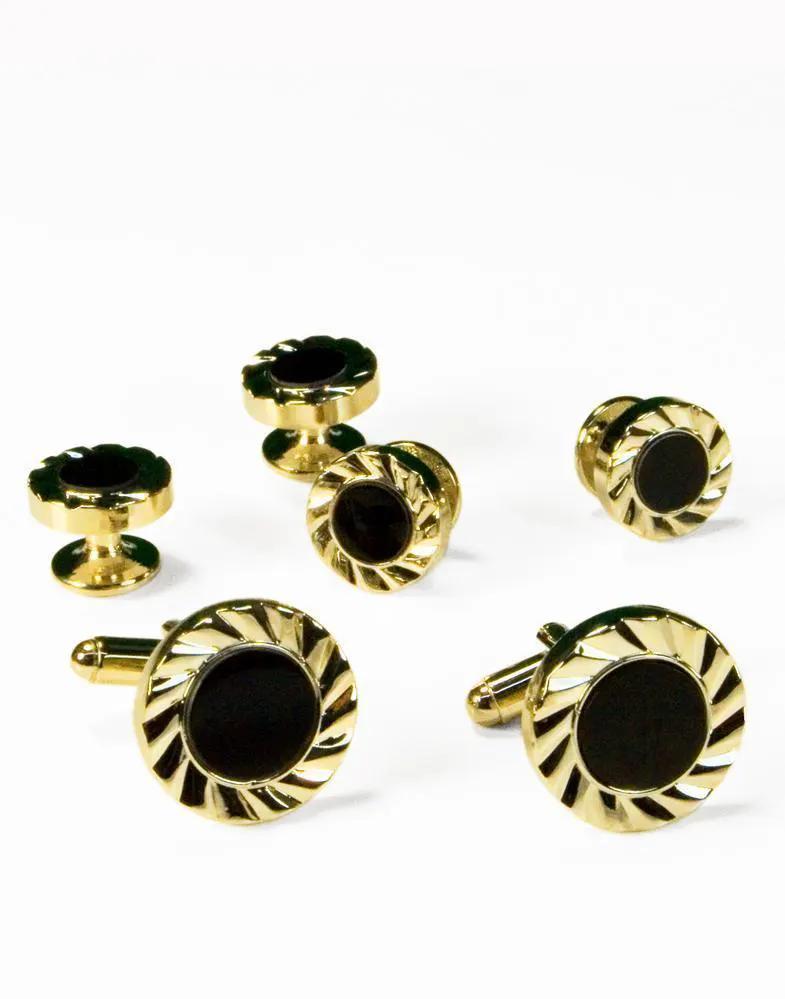 Black Circular Onyx with Gold or Silver Fan Cut Edge Studs and Cufflinks Set by Tux-USA